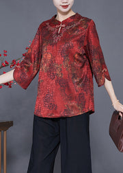 Red Print Chinese Style Silk Shirt Top Chinese Button Craquelure Summer