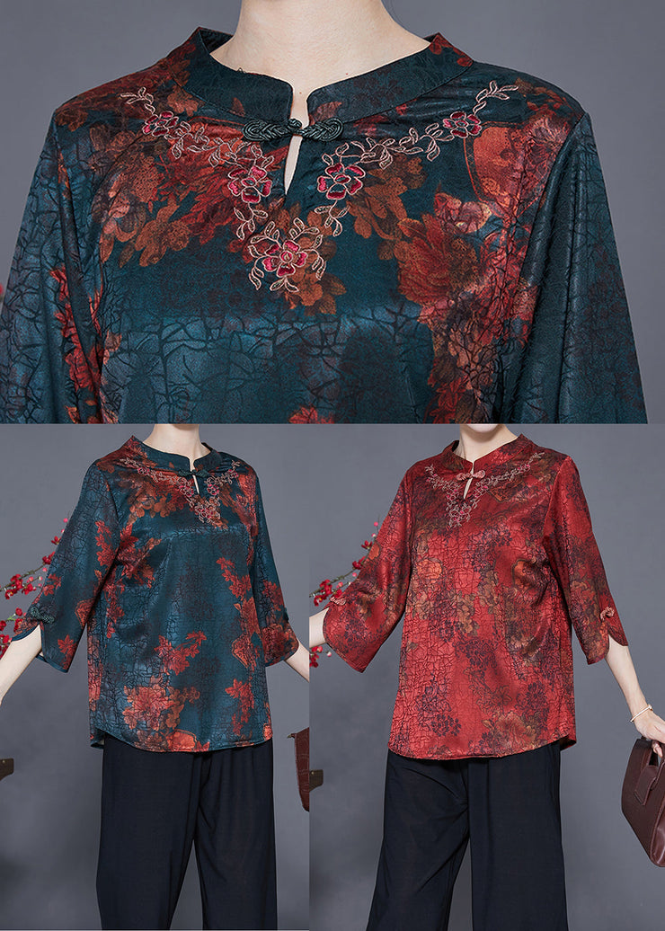 Red Print Chinese Style Silk Shirt Top Chinese Button Craquelure Summer