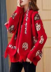 Red Print Chunky Knit Sweater Free Scarf Winter