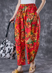 Red Print Cotton Harem Pants Oversized Elastic Waist Summer