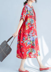 Red Print Cotton Long Dress Oversized Pockets Summer