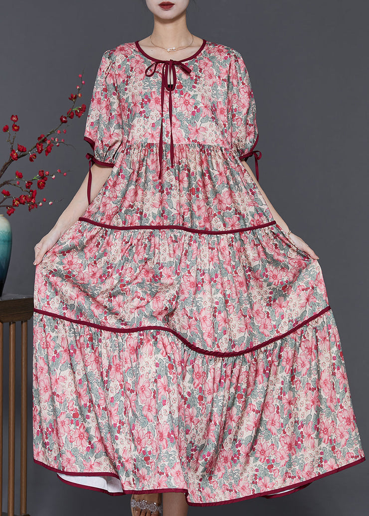 Red Print Cotton Long Dresses Lace Up Spring