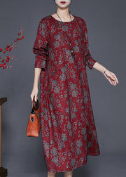 Red Print Cotton Long Dresses O-Neck Oversized Fall