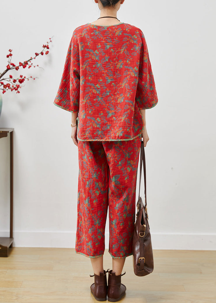 Red Print Cotton Oriental Two Pieces Set Side Open Summer