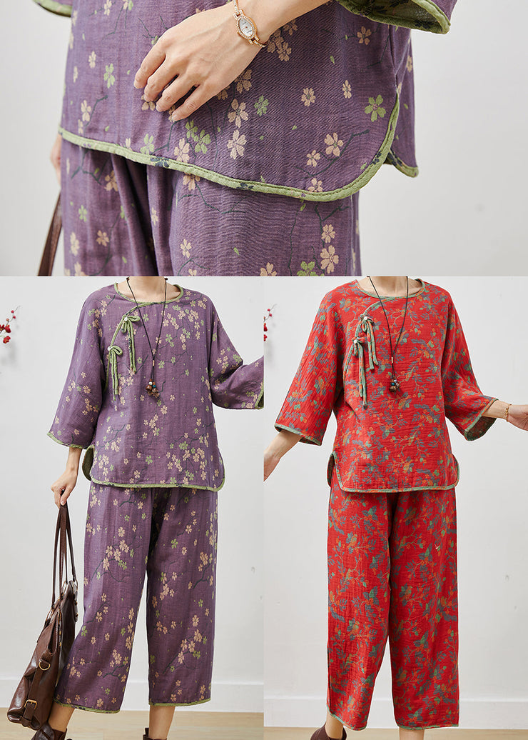 Red Print Cotton Oriental Two Pieces Set Side Open Summer