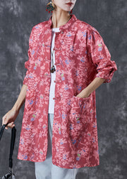 Red Print Cotton Shirt Tops Chinese Button Fall