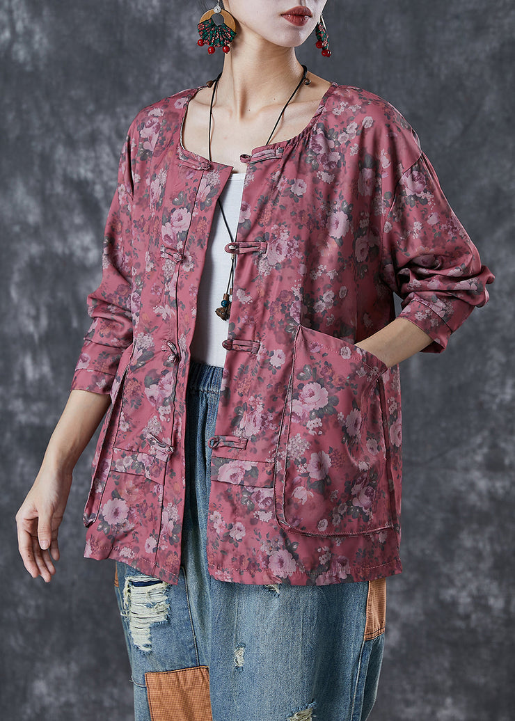 Red Print Cotton Shirt Tops Oversized Chinese Button Fall