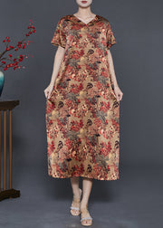 Red Print Draping Silk Long Dress V Neck Summer