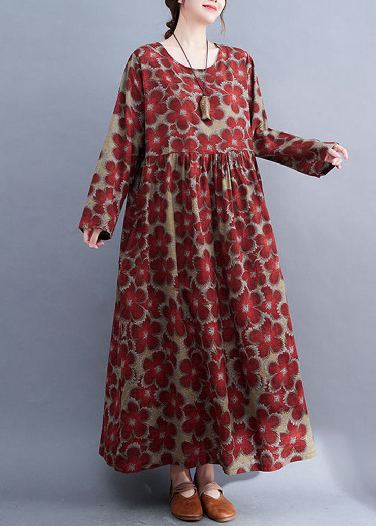 Red Print Linen Ankle Dress Oversized Exra Large Hem Spring