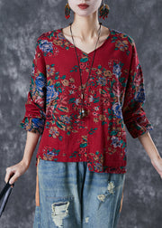 Red Print Linen Blouse Top Asymmetrical Design Fall