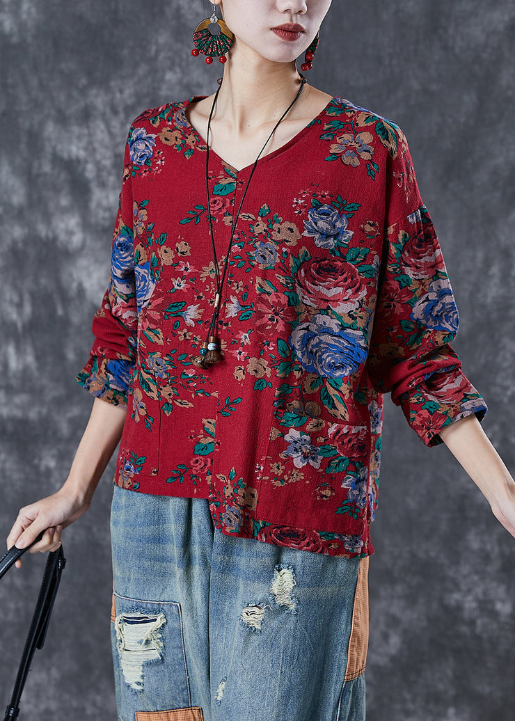 Red Print Linen Blouse Top Asymmetrical Design Fall