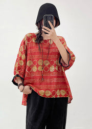 Red Print Linen Shirt Tops Oversized Bracelet Sleeve