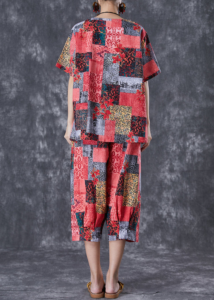 Red Print Linen Two Pieces Set Oversized Summer