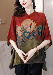 Red Print Loose Silk Blouse Top Mandarin Collar Batwing Sleeve