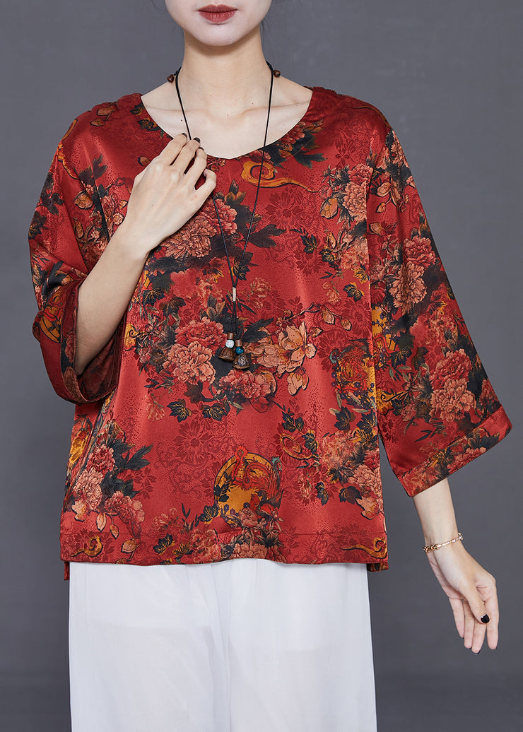 Red Print Loose Silk Shirt Top O-Neck Summer