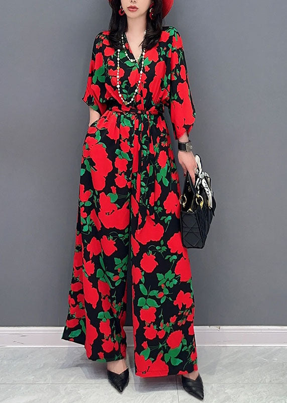 Red Print Patchwork Chiffon Jumpsuits V Neck Tie Waist Summer