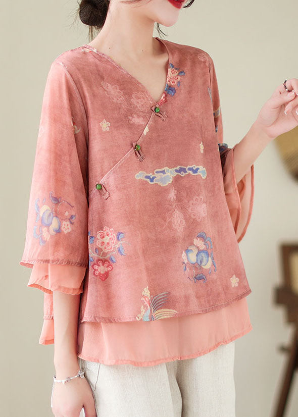 Red Print Patchwork Chiffon Shirt Top V Neck Butterfly Sleeve