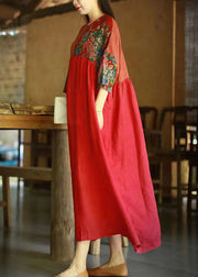 Red Print Patchwork Cotton Long Dresses O Neck Summer