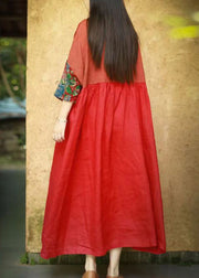 Red Print Patchwork Cotton Long Dresses O Neck Summer