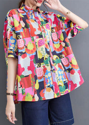 Red Print Patchwork Cotton Loose Blouses Peter Pan Collar Summer