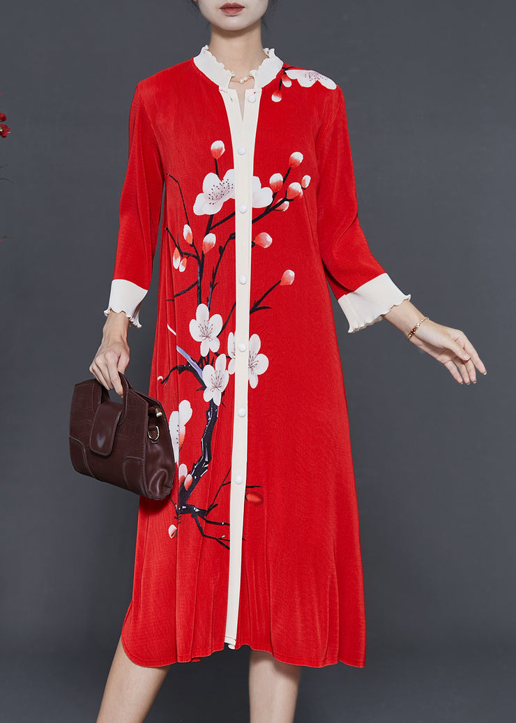 Red Print Patchwork Silk Shirt Dress Oversized Fall