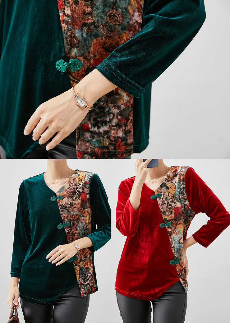 Red Print Patchwork Silk Velour Shirt Tops Chinese Button Winter