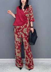 Red Print Patchwork Top And Wide Leg Pants Two Pieces Set Long Sleeve