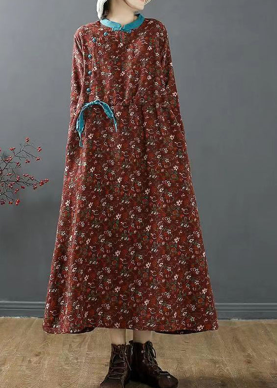 Red Print Pockets Patchwork Cotton Dress Drawstring Fall