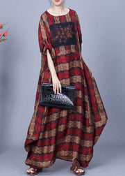 Red Print Pockets Patchwork Silk Long Dresses O Neck Spring