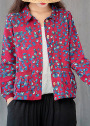 Red Print Pockets Shirts Long Sleeve