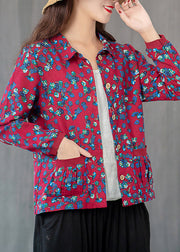 Red Print Pockets Shirts Long Sleeve