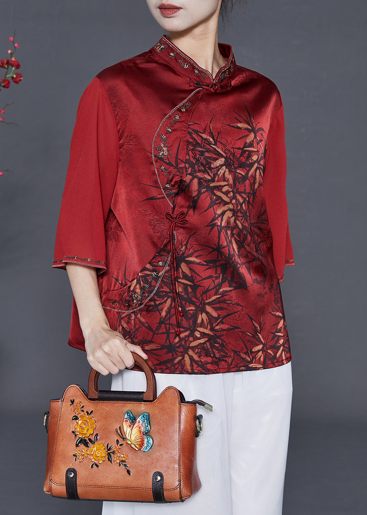 Red Print Silk Oriental Shirt Tasseled Embroidered Summer