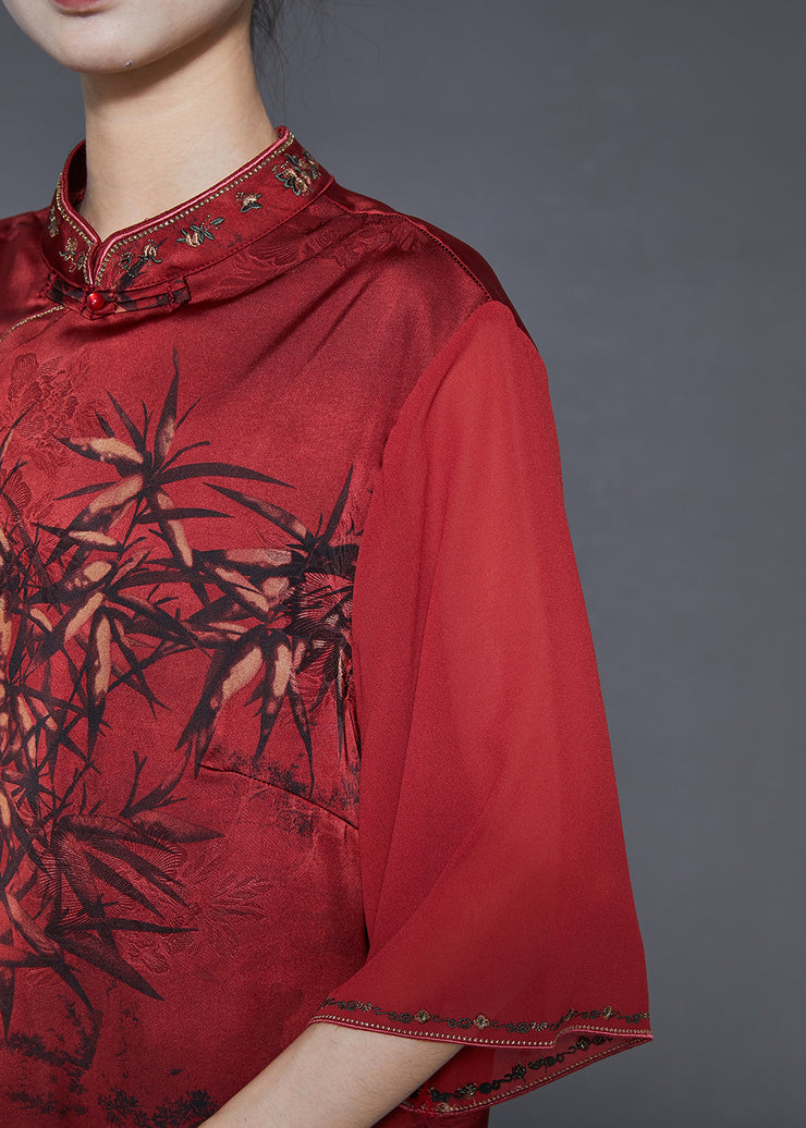 Red Print Silk Oriental Shirt Tasseled Embroidered Summer