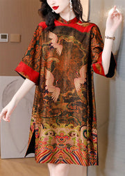 Red Print Silk Vacation Dresses Stand Collar Side Open Half Sleeve