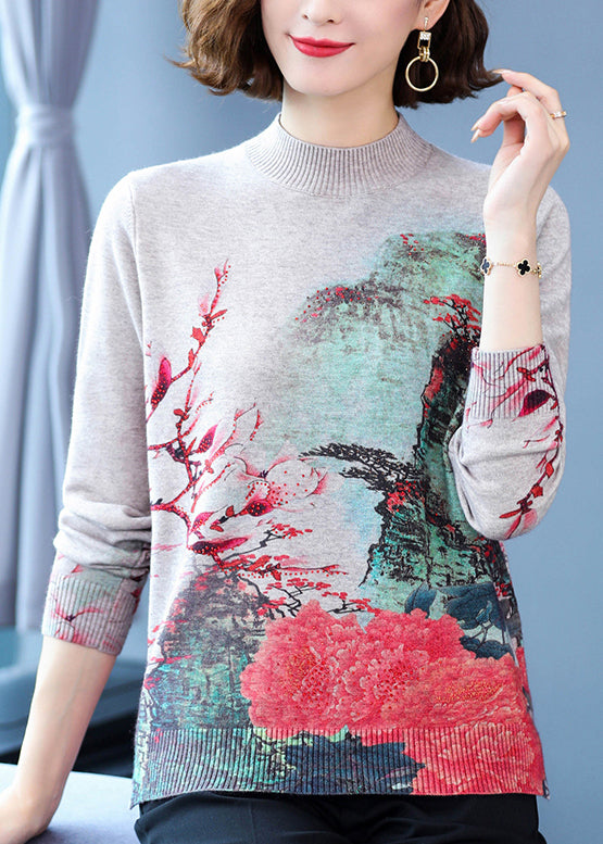 Red Print Soft Woolen Short Sweater Half Hign Neck Spring