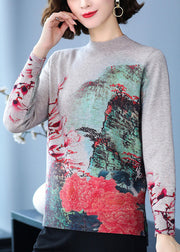 Red Print Soft Woolen Short Sweater Half Hign Neck Spring