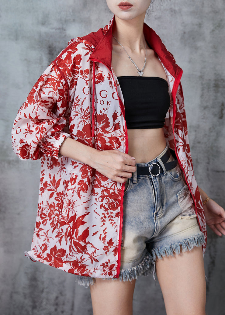 Red Print Spandex Hoodie Coat Oversized Fall