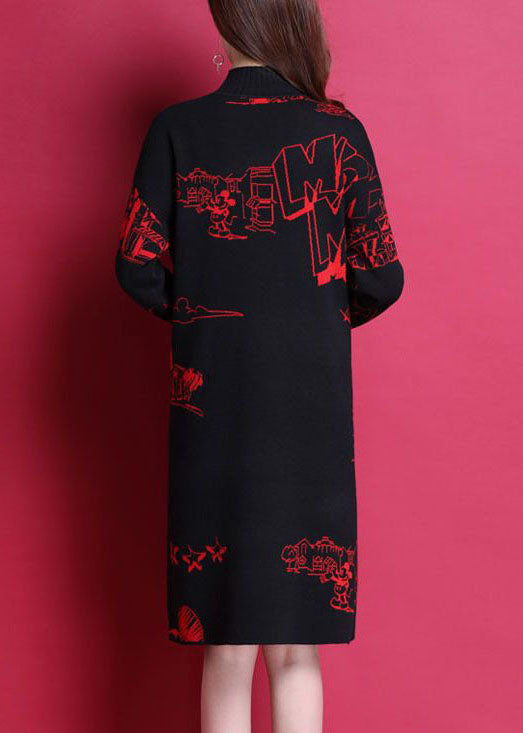 Red Print Thick Knit Long Sweater Dress High Neck Long Sleeve