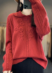 Red Ruffled Patchwork Wool Sweaters Peter Pan Collar Long Sleeve