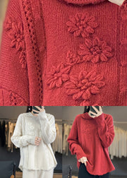 Red Ruffled Patchwork Wool Sweaters Peter Pan Collar Long Sleeve