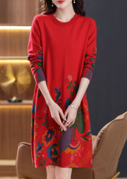 Red Side Open Cozy Wool Knit Dress O Neck Spring