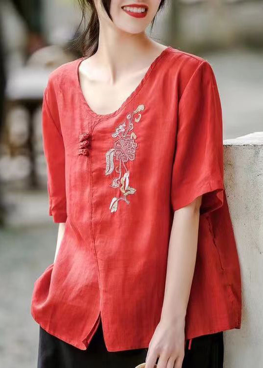 Red Side Open Patchwork Cotton T Shirt Embroideried Short Sleeve