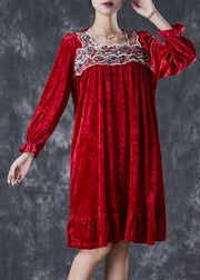 Red Silk Velour Holiday Dress Square Collar Embroidered Fall