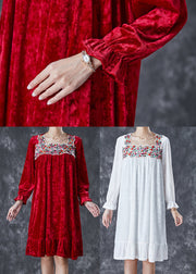 Red Silk Velour Holiday Dress Square Collar Embroidered Fall