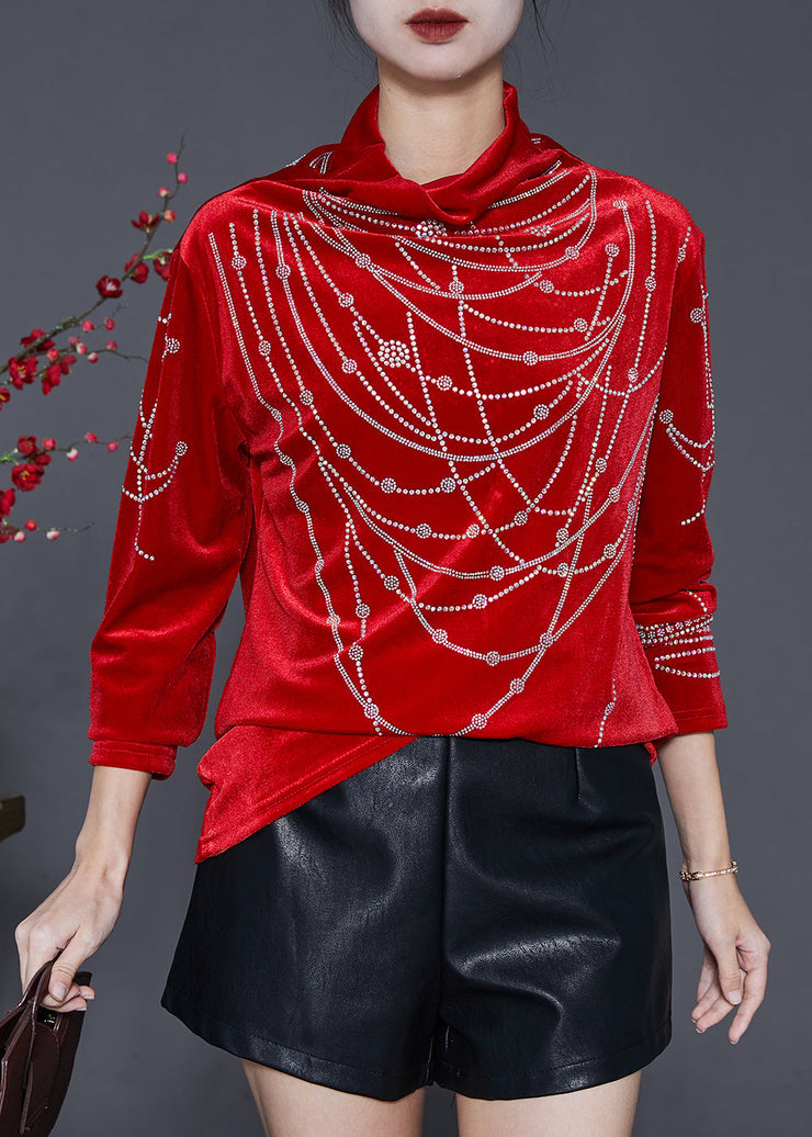 Red Silm Fit Silk Velour Top Turtle Neck Zircon Spring