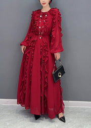 Red Slim Fit Chiffon Long Dresses O-Neck Ruffles Spring