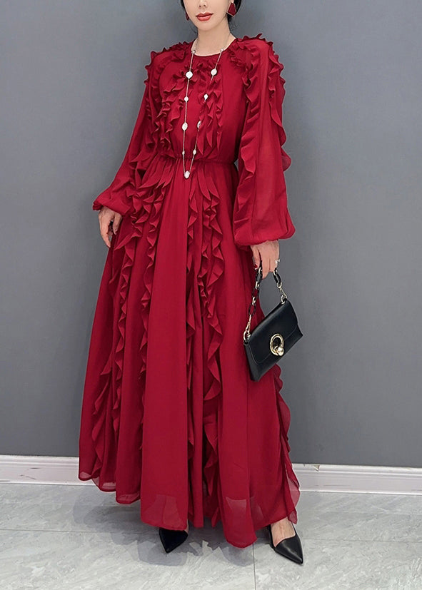 Red Slim Fit Chiffon Long Dresses O-Neck Ruffles Spring