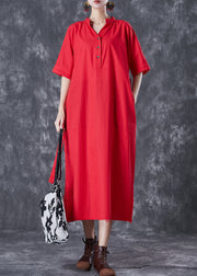 Red Slim Fit Cotton Shirt Dress Tie Waist Button Summer