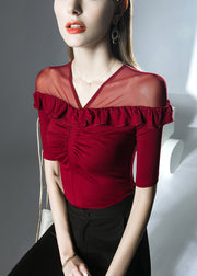 Red Solid Patchwork Cotton T Shirts V Neck Summer