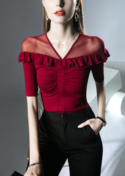 Red Solid Patchwork Cotton T Shirts V Neck Summer